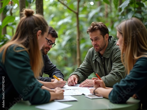 Sustainable development goals planning session in rainforest canopy, people meeting