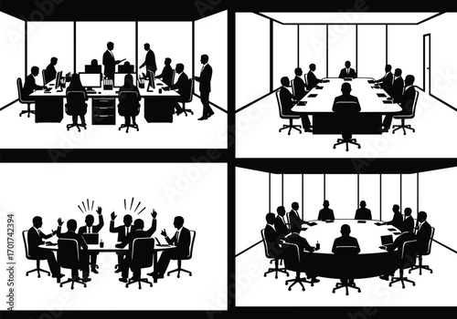 Silhouettes of business meetings and office teamwork scenes in boardrooms, corporate people working, discussing, presenting ideas, and collaborating efficiently.