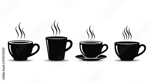 Four steaming black coffee cups and saucers on a white backdrop representing morning beverages. vector