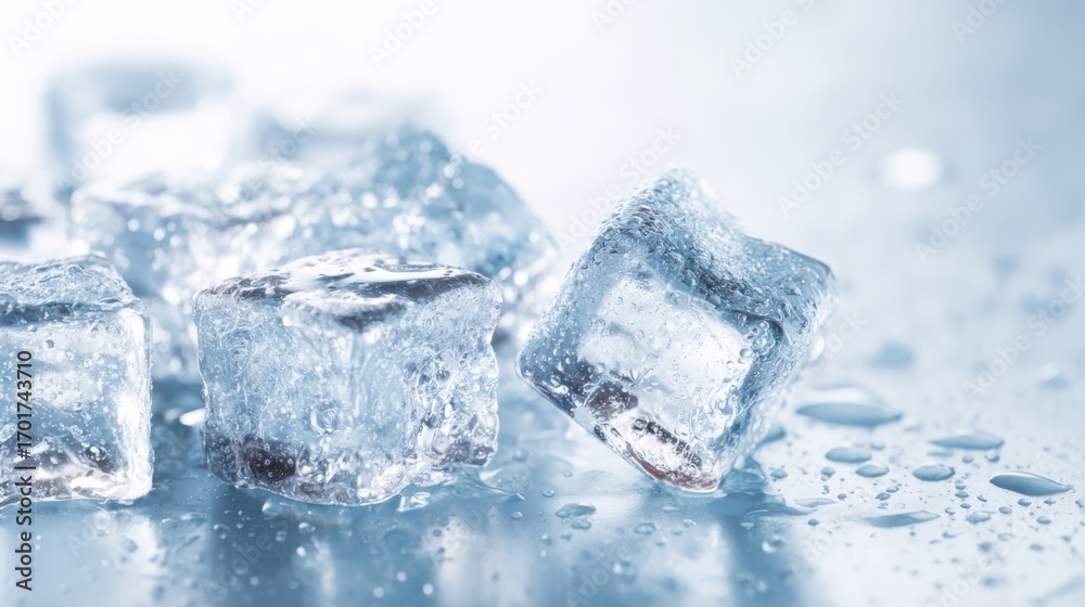 Obraz premium Close-up of glistening ice cubes with water droplets on a reflective surface, presenting refreshment and coolness