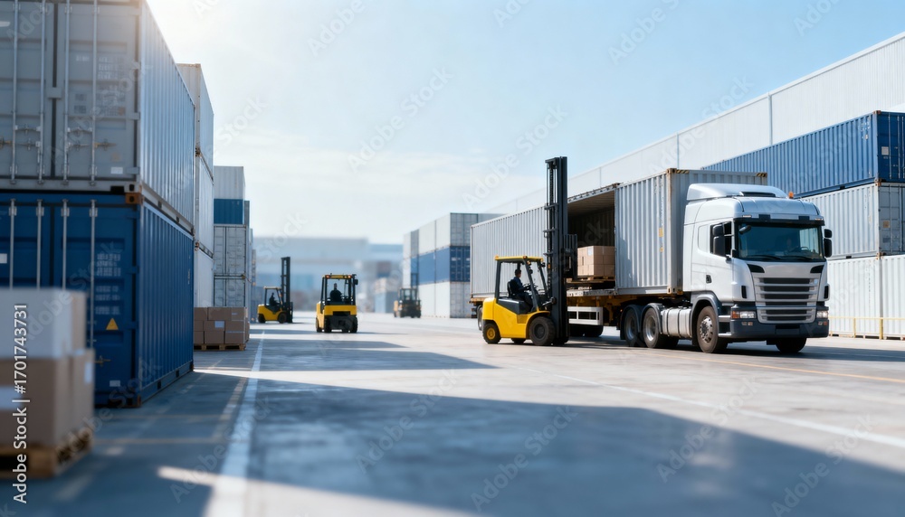Naklejka premium Cargo Container Shipping Operation with Forklifts Loading a Delivery Truck in a Distribution Warehouse