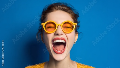 Beautiful woman wearing yellow sunglasses laughing joyfully with open mouth against bright blue background, expressing happiness and fun