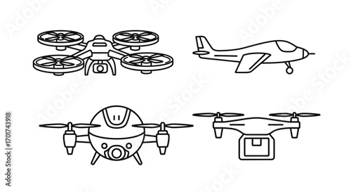 Hand drawn drones and airplane icons featuring quadcopters and small aircraft for aviation technology vector