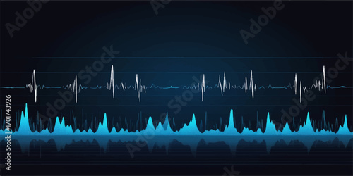 Heart monitor display showing a green medical electrocardiogram on a blue sound wave background