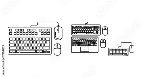 Modern computer keyboard and mouse set line art technology gadgets for digital workspace vector