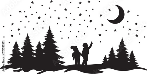 Silhouette of winter. Christmas village. Christmas scene with reindeer, stars and snow, good for holiday Christmas banner or card