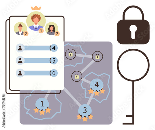 Leaderboard with ranked players, secure lock and key, interconnected levels, and star ratings. Ideal for gaming, strategy, achievement tracking, data security, team rankings progress leadership