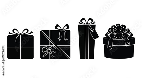 Four silhouette gift boxes with bows festive celebration presents for holidays and special occasions vector