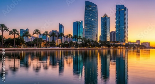 A city skyline at sunset with tall buildings and palm trees reflected in calm water