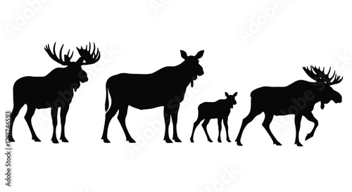 Majestic moose family silhouette majestic wildlife forest animals silhouette collection vector