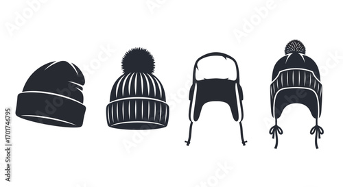 Set of four winter hats beanie trapper ushanka styles for cold weather protection vector