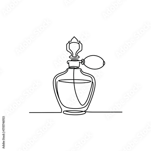 An elegant continuous line drawing illustrates a classic perfume bottle with an atomizer, symbolizing luxury, beauty, and timeless fragrance design.