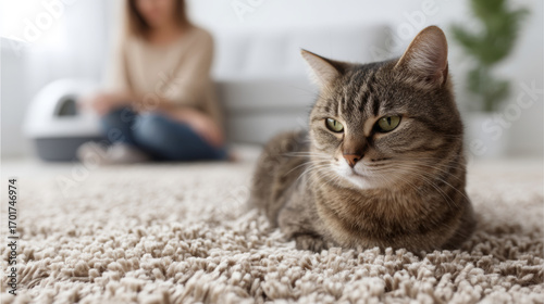 Domestic tabby cat resting on plush carpet near female cleaning litter box, highlighting pet care routine and home environment
