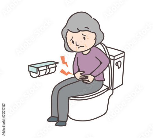 トイレで腹痛に悩む高齢女性のイラスト