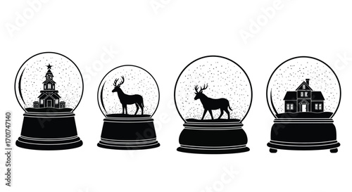 Four festive snow globes featuring christmas scenes and wildlife silhouettes for winter holiday design vector