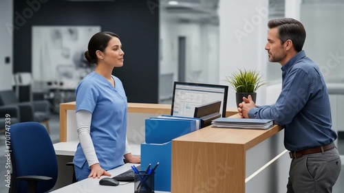 Healthcare Reception Scene Featuring A Woman in Blue Scrubs Talking to a Man in a Button Down Shirt at a Modern Wooden Reception Desk with Plants in a Modern Office Setting