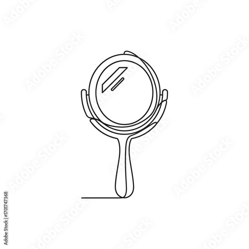 A minimalist continuous line art drawing beautifully illustrates a classic handheld mirror, symbolizing reflection, beauty, and personal grooming essentials.