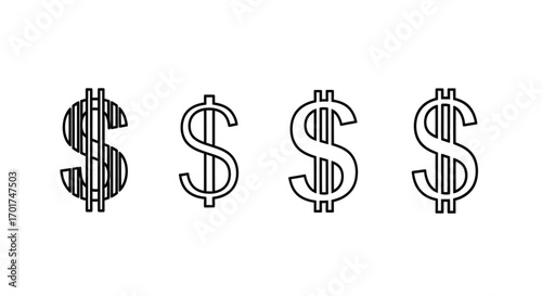 Four stylized dollar signs in a row showing financial growth and wealth symbols vector