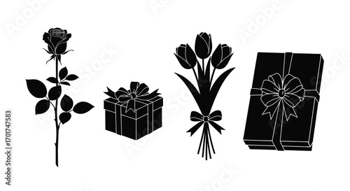 Elegant silhouettes of a rose gift box and tulip bouquet for celebrations vector