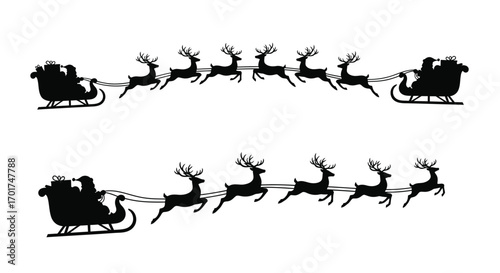 Santa claus sleigh silhouette with reindeer flying christmas holiday celebration graphic element vector