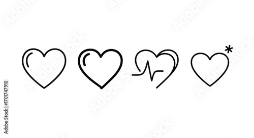 Hand drawn heart icons collection featuring ecg line and sparkle detail vector
