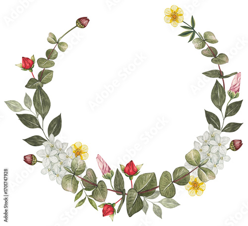 Wreath with eucalyptus, white hydrangea, buds, leaves. Watercolo