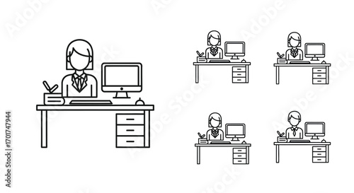 Woman working at desk with computer and phone various poses office scene sketch vector