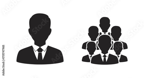 Silhouette icons representing single person and group of business people in formal attire vector