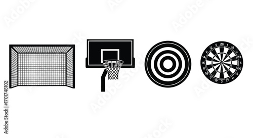 Collection of sports equipment icons including soccer goal basketball hoop and dartboards vector