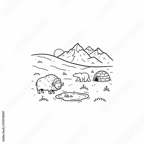 A black and white illustration showing arctic wildlife in a landscape with mountains.