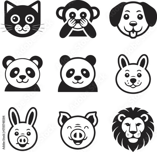 Collection of nine cute simple cartoon animal face icons including cat dog panda lion pig bunny monkey