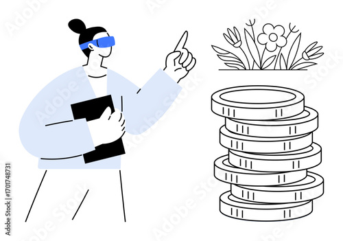 VR headset wearer gesturing toward a stack of coins and blooming flowers, representing innovation, sustainability, growth, investment, technology, future trends, and positive change. Minimalist