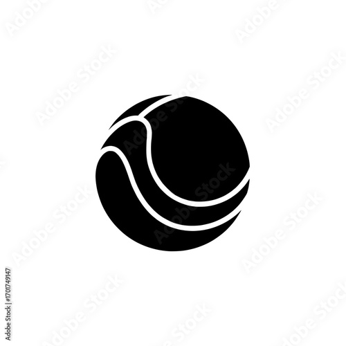 A simple and bold black icon of a tennis ball, the Tennis Ball Icon is perfect for incorporation into sports-related designs, websites, and applications