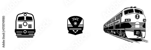 A simple, bold black silhouette of a modern commuter train on tracks serves as the Commuter Train Icon, ideal for transportation icons, websites, or app design