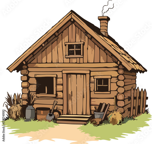 Rustic Log Cabin with Smoking Chimney, Wooden Fence, Hay, Milk Jug, Shovel, and Farm Tools – Countryside Farmhouse