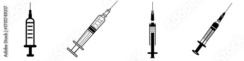 The Syringe Icon is a modern illustration characterized by its bold and graphic design, showcasing a sharp needle and a transparent barrel with visible markings, ideal for use in medical, healthcare