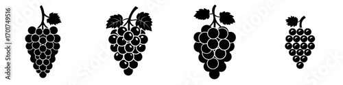 The Grapes Icon is a timeless black and white symbol featuring a cluster of grapes accompanied by leaves, ideal for numerous applications