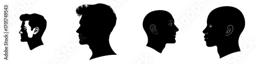 The image features a man's head and shoulders in profile, presented as a stark black silhouette set against a transparent backdrop, with a simple yet elegant style suitable for diverse design