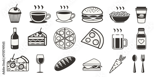 Generate an image that showcases a grid of black and white icons representing various food items and drinks, including cups of tea and coffee, soda, beer, wine glasses, different types of meals like b