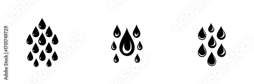 The Rain Drops Icon features a simple yet distinctive design of cascading raindrops that form a specific shape, suitable for incorporation into weather apps, design components, or to symbolize rain