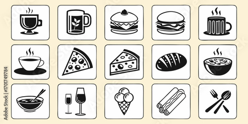 Generate an image that showcases a grid of black and white icons representing various food items and drinks, including cups of tea and coffee, soda, beer, wine glasses, different types of meals like b