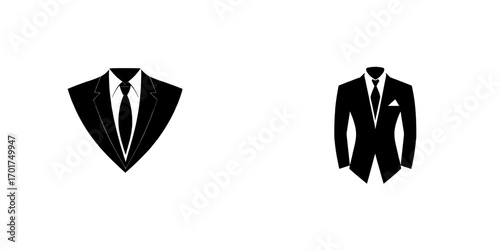 The Classic Suit Icon is represented by a sleek, single-breasted suit paired with a collared shirt and tie, shown in a minimalist black and white illustration, ideal for symbolizing professionalism