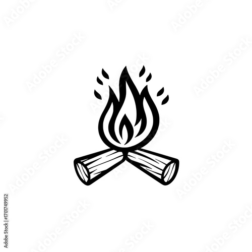 A bold black and white illustration of a campfire with roaring flames serves as the Campfire Icon, ideal for symbolizing warmth, adventure, and nature