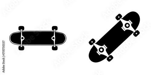 A minimalist silhouette of a skateboard, featuring a black board, wheels, and trucks set against a white background, embodies the principles of freedom, adventure, and the spirit of skateboarding