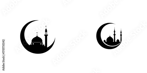 A minimalist graphic design featuring a black silhouette of an Islamic dome nestled within a crescent moon evokes spirituality and religious symbolism
