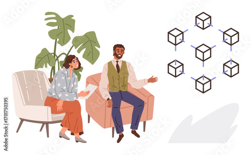 Two seated professionals in discussion, pointing at interconnected cubes representing a digital network. Ideal for business, blockchain, team brainstorming, innovation, technology, data