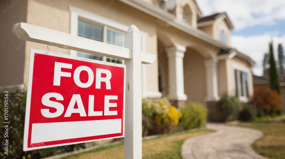 Obraz premium Real Estate For Sale Sign in Front of a House, Representing Homeownership and Property Investment