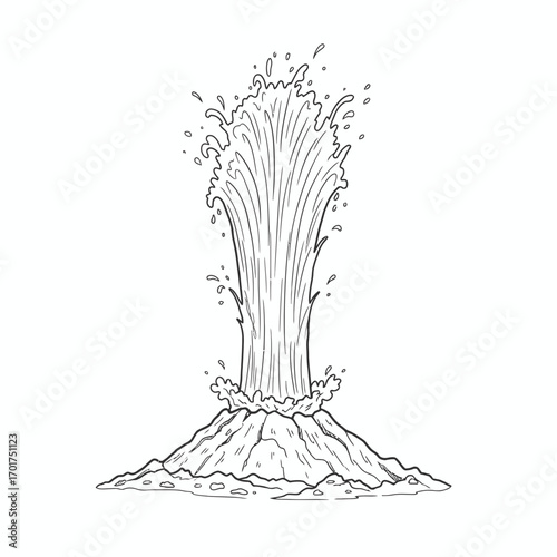 A stylized illustration of a geyser erupting, spewing water upwards from a cone-shaped mound.