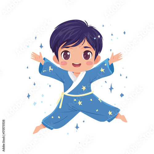 Happy Dreamy Anime Boy in Blue Pajamas - AI Generated