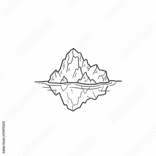 A detailed illustration of an iceberg floating on water, showing reflection and peaks.